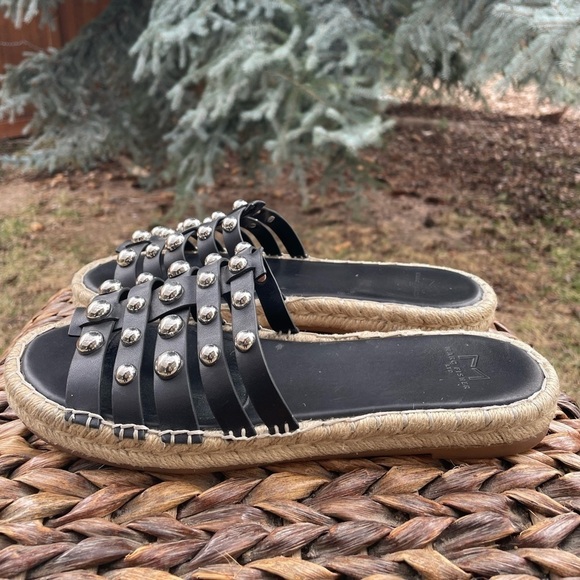 Marc Fisher Black Studded Strappy Tamie Platform Slip On Leather Espadrille Sz 8 - Picture 7 of 11